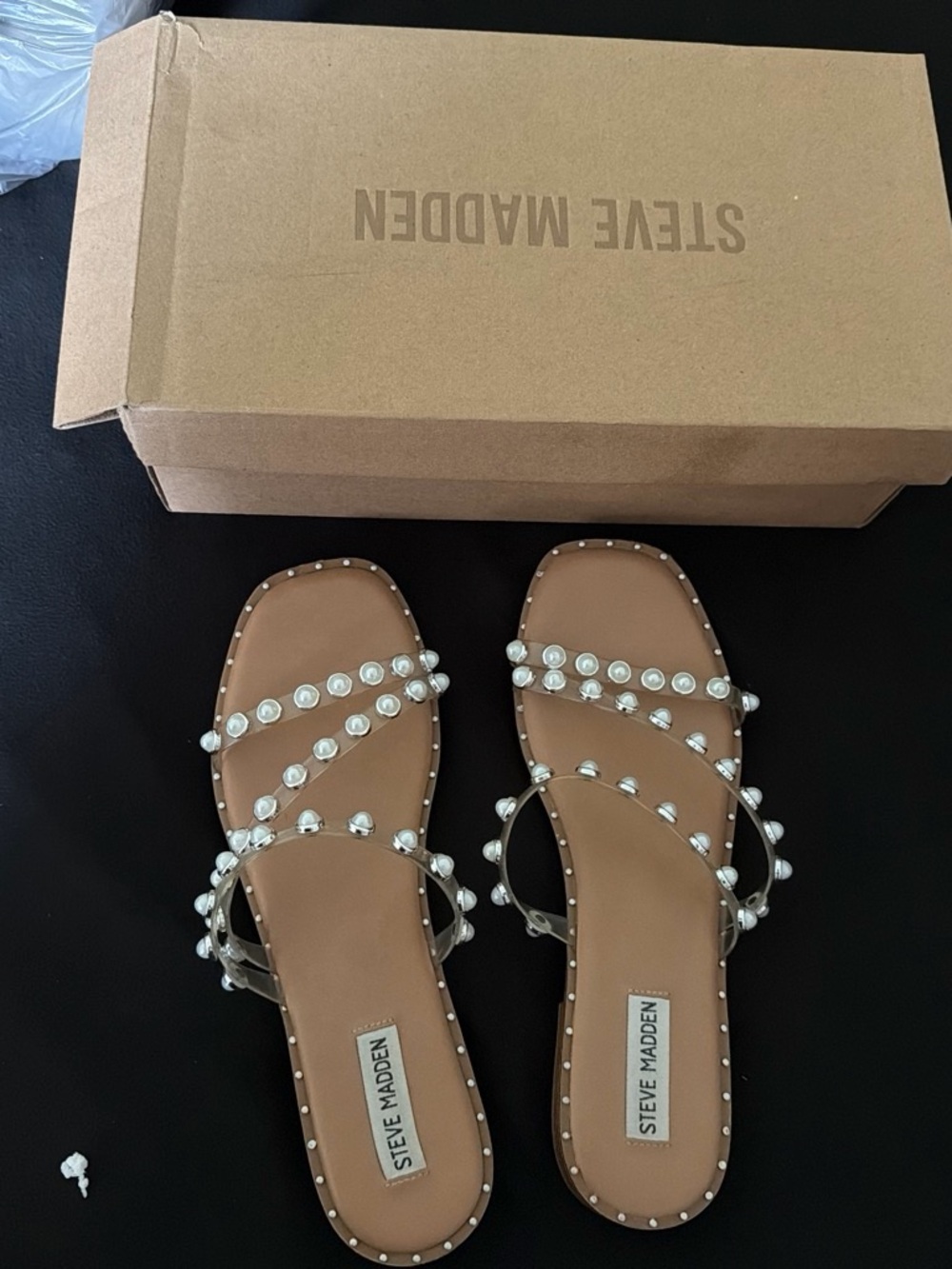 Steve Madden Tan Pearl-Stud Slide Sandals